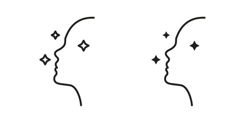 Face Profile Line Art with Stars, Isolated on White Background