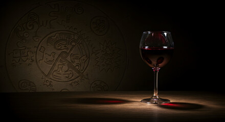 A Gothic interpretation of Chicha in a wine glass in a mysterious Peruvian mountain village. Shadows playing on surfaces and cultural symbols etched in 