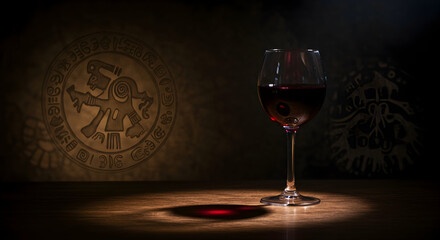 A Gothic interpretation of Chicha in a wine glass in a mysterious Peruvian mountain village. Shadows playing on surfaces and cultural symbols etched in 