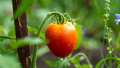 A ripe tomato, glistening with morning dew, hangs from its vine amongst lush green foliage.