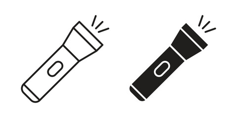 Flashlight Icons in Line and Solid Styles Isolated on White Background