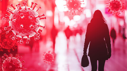 Lone figure walks down deserted city street, surrounded by surreal red hue and floating virus illustrations, evoking sense of isolation and uncertainty