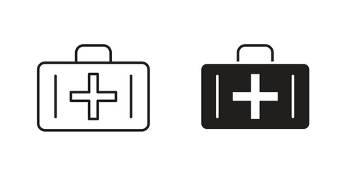 First Aid Kit Icons in Line and Solid Styles, Isolated on White Background
