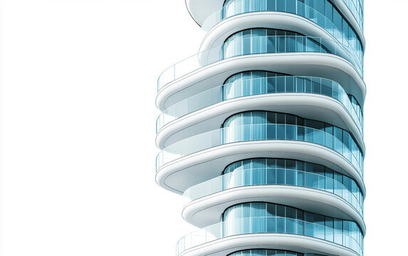 High resolution image of a modern high-rise apartment tower with glass balconies and urban design isolated on white background PNG