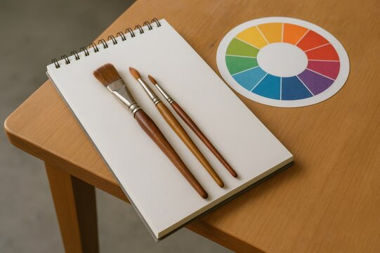Paintbrushes and color wheel are lying on a sketchbook placed on a wooden table, ready for an artist to start creating - Powered by Adobe