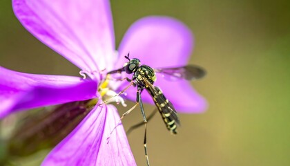 A close-up view of a tiny insect with intricate patterns on a vibrant purple flower, showcasing the details of its wings and body.