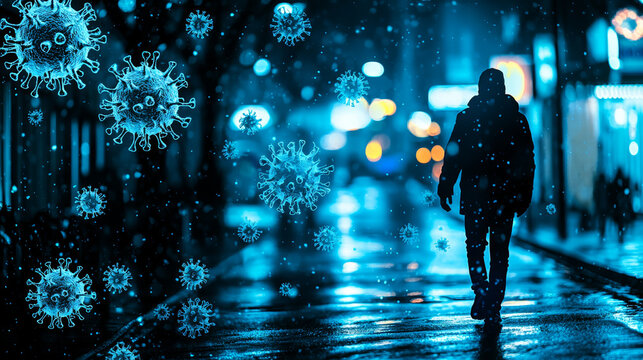 Lone figure walks down deserted city street illuminated by blue lights, surrounded by floating virus particles, creating surreal and eerie atmosphere - Powered by Adobe