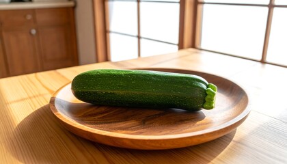 A fresh zucchini rests on a light brown wooden plate, bathed in natural light.