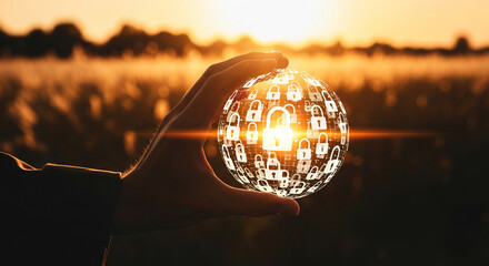 Hand holding glowing globe with padlock icons, set against sunset background, symbolizing global cybersecurity and data protection