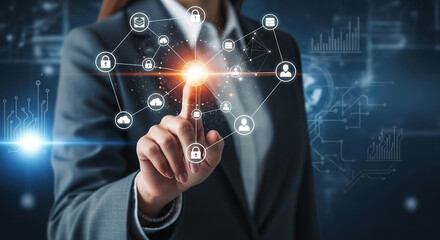 Hand interacting with a digital network interface, showcasing data security and connectivity, symbolizing technological advancement and business solutions