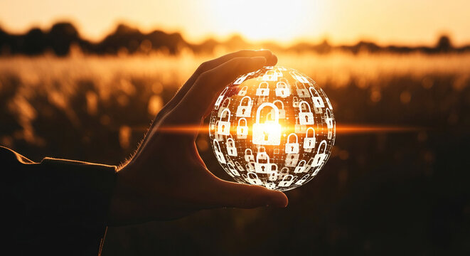 Hand holding glowing globe with padlock icons, set against sunset background, symbolizing global cybersecurity and data protection