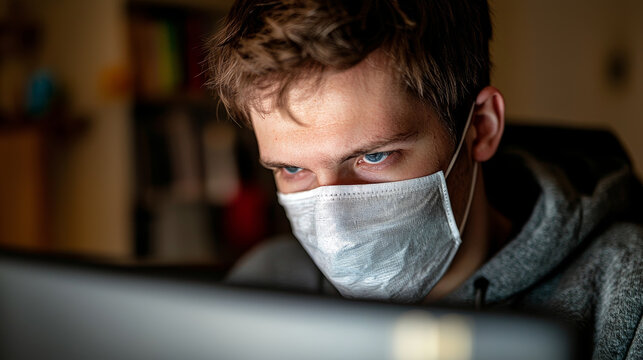 Masked teenager focused on computer screen, displaying concentration and determination. dimly lit environment enhances intensity of moment, capturing sense of engagement and curiosity