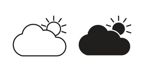 Sun and Cloud Icons in Line and Solid Styles, Isolated on White Background