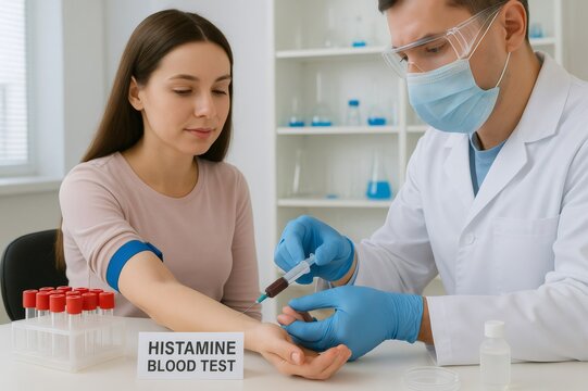 Doctor wearing mask and gloves taking blood sample from patient for histamine test in medical laboratory - Powered by Adobe