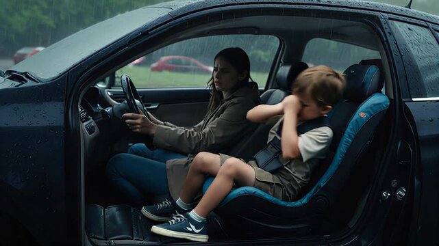 A woman and a child are sitting in a car, conveying a sense of sadness and concern, with the rain and weather adding to the somber mood