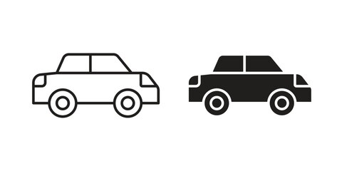 Car Icons in Side View with Line and Solid Styles, Isolated on White Background