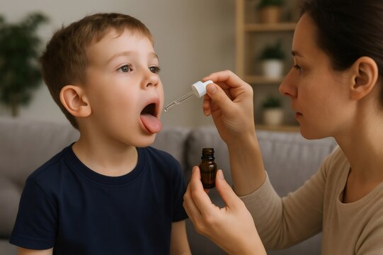 Mother administering sublingual immunotherapy treatment to her son using a dropper and a bottle of medicine at home