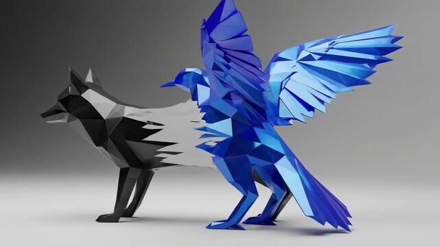 Low Poly Wolf and Blue Bird Digital Sculpture