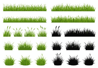 Collection of Green Grass Elements for Landscape Design and Nature Illustrations Representing Various Textures and Forms