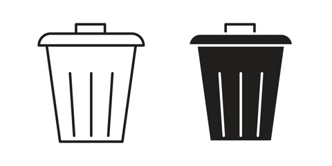 Trash Can Icons in Line and Solid Styles, Isolated on White Background