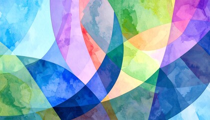 A vibrant abstract design featuring overlapping, curved shapes in a spectrum of pastel colors.