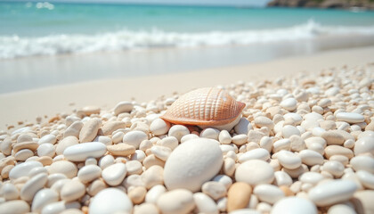 Beautiful seashell resting on a sandy beach surrounded by smooth pebbles and gentle waves under a clear sky