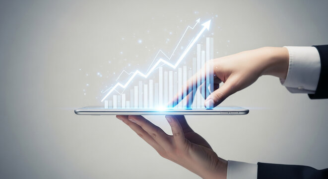 Hands hold tablet displaying upward trending graph, symbolizing growth, success, and digital progress in business