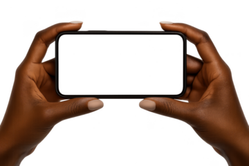 Dark-skinned hands holding a blank smartphone horizontally on transparent background