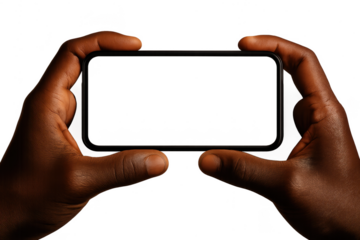 Isolated black smartphone held horizontally by dark hands, transparent background