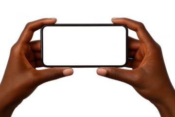 Dark-skinned hands holding a black smartphone horizontally, isolated on transparent background.