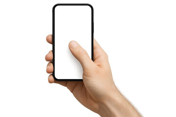 Hand holding black smartphone with blank screen, isolated on transparent background