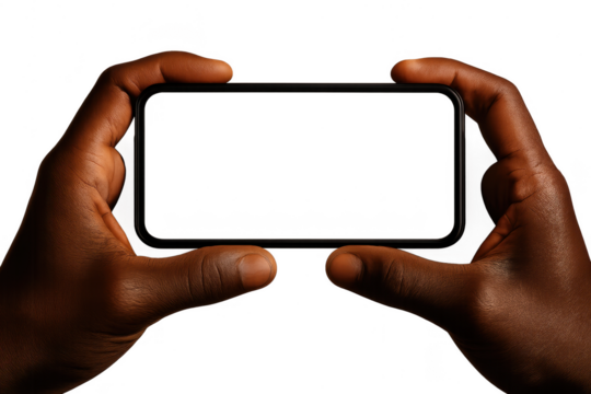 Isolated black smartphone held horizontally by dark hands, transparent background - Powered by Adobe
