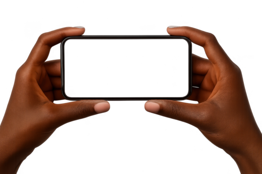 Dark-skinned hands holding a black smartphone horizontally, isolated on transparent background.