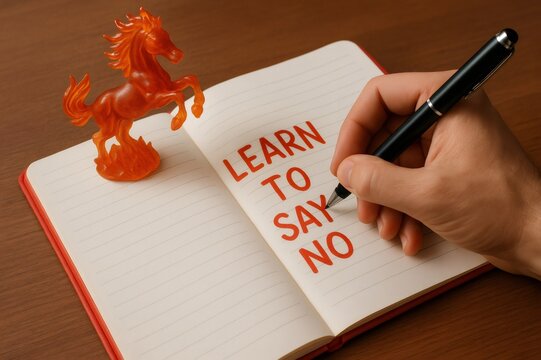 Hand writing learn to say no in a notebook with a red fire horse, concept of assertiveness and refusal