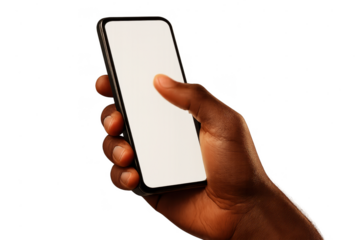Hand holding smartphone with blank screen, ready to tap, isolated on transparent background