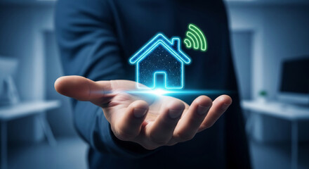 Hand presenting glowing smart home icon, symbolizing modern technology, connectivity, and home automation solutions for convenience and efficiency