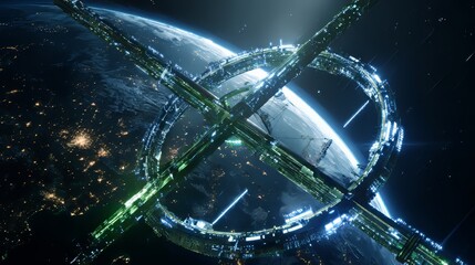 Futuristic Space Station Orbiting a Distant Alien Planet