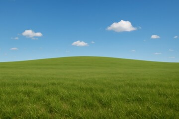 Obraz premium Lush green grass field gently rolling under a vibrant blue sky dotted with fluffy white clouds creates a serene and idyllic landscape