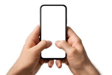 Male hands holding a blank screen smartphone isolated on transparent background.