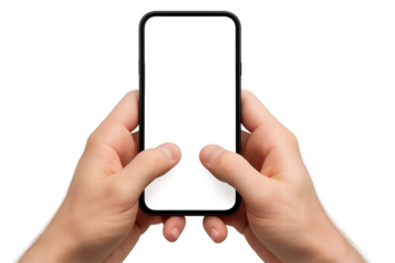 Hands holding a black smartphone with empty screen isolated on transparent background