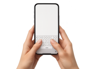 Female hands holding and typing on modern smartphone, isolated on transparent background.