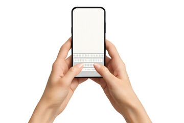 Hands holding smartphone, blank screen, transparent background, cut-out.