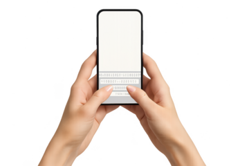 Hands holding smartphone, blank screen, transparent background, cut-out.
