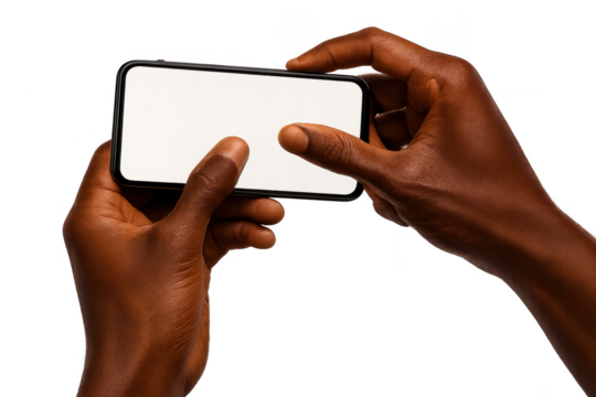African American hands holding smartphone horizontally on transparent background