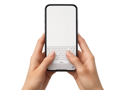 Female hands holding and typing on modern smartphone, isolated on transparent background.
