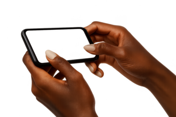 Dark-skinned human hands holding smartphone, isolated on transparent background