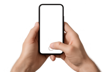 Hands holding a black smartphone with blank screen, isolated on transparent background