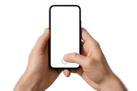 Hands holding a black smartphone with blank screen, isolated on transparent background