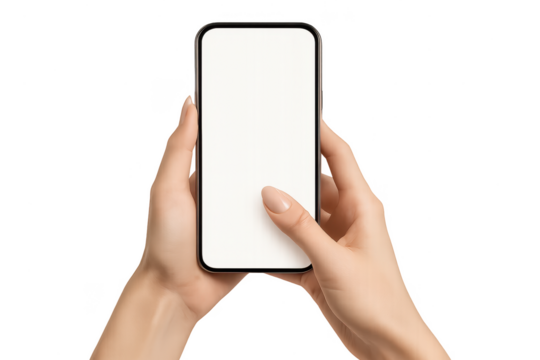 Isolated smartphone with blank screen in hands, on transparent background.