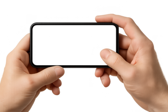 Hands holding a black smartphone horizontally, isolated on transparent background
